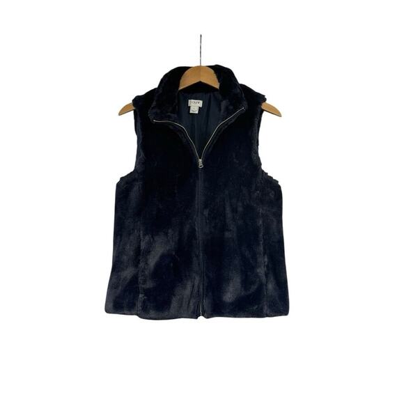 J. Crew Vest Womens Size Small Navy Blue Faux Fur Cozy Full Zip Collar K2216 - Picture 1 of 7